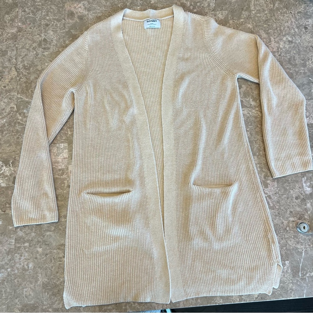 Old Navy Shaker Stitch Long Line Beige Ribbed Knit Cardigan - Medium Tall